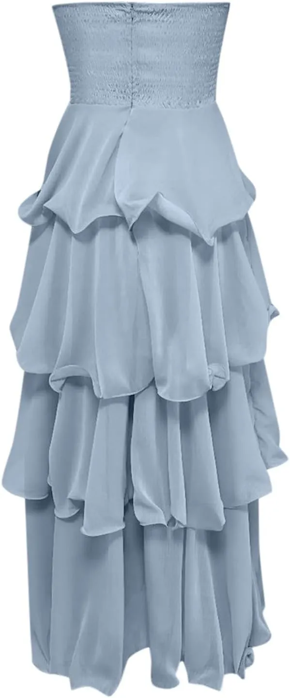 Strapless Ruffle Maxi Dress for Women Sexy Elegant Bodycon Wedding Guest Cocktail Evening Party Gown Formal Dress