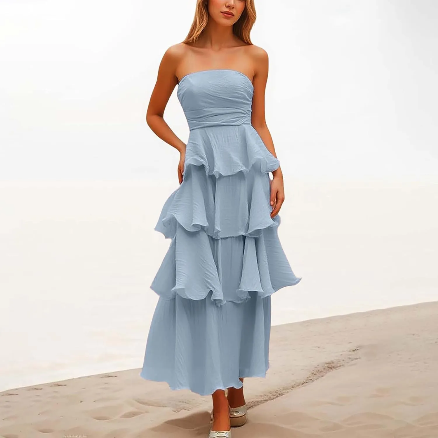 Strapless Ruffle Maxi Dress for Women Sexy Elegant Bodycon Wedding Guest Cocktail Evening Party Gown Formal Dress