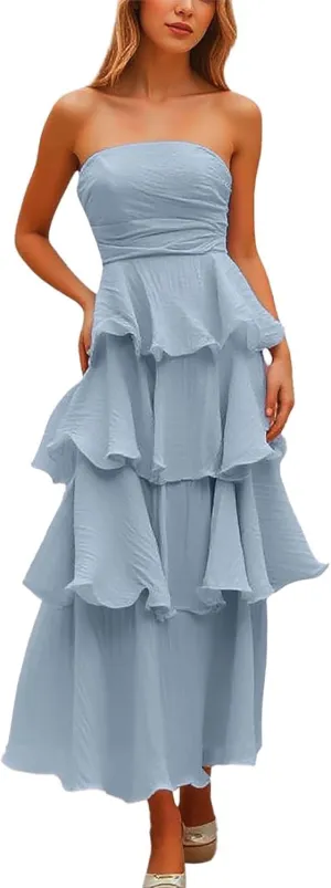 Strapless Ruffle Maxi Dress for Women Sexy Elegant Bodycon Wedding Guest Cocktail Evening Party Gown Formal Dress