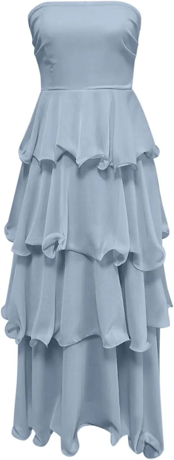 Strapless Ruffle Maxi Dress for Women Sexy Elegant Bodycon Wedding Guest Cocktail Evening Party Gown Formal Dress