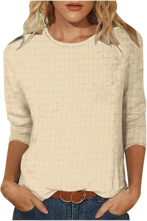 Summer 3/4 Sleeve Casual Tee Tops for Women Dressy Waffle Knit Crewneck Shirts Fashion Loose Fit Solid Blouses