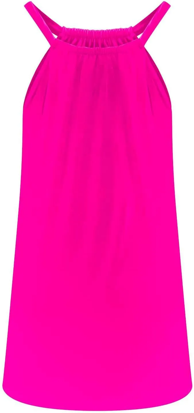 Summer Beach Dress for Women Casual Sleeveless Solid Color Dresses Loose Crew Neck Pleated Vacation Sundress