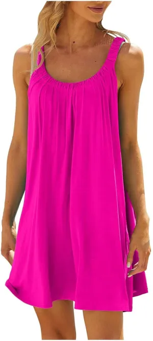 Summer Beach Dress for Women Casual Sleeveless Solid Color Dresses Loose Crew Neck Pleated Vacation Sundress