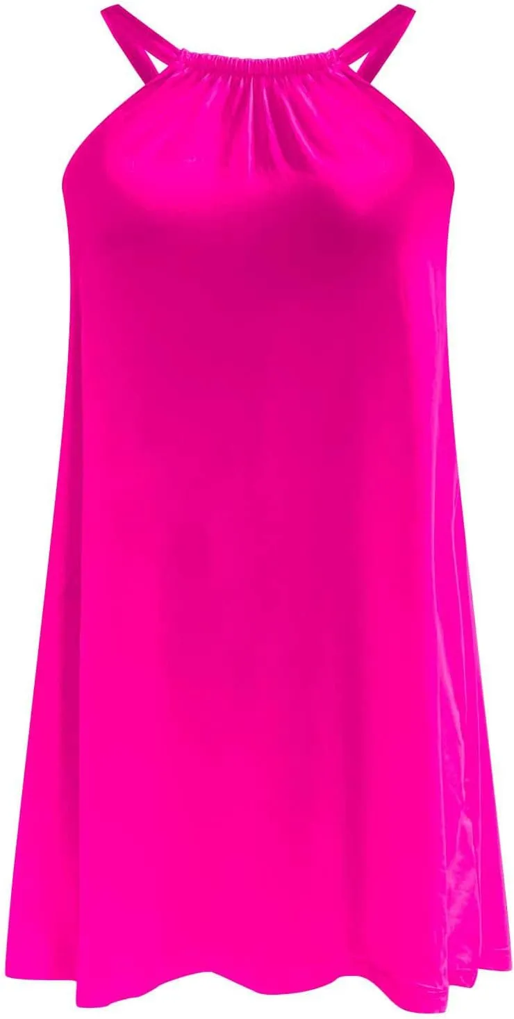 Summer Beach Dress for Women Casual Sleeveless Solid Color Dresses Loose Crew Neck Pleated Vacation Sundress