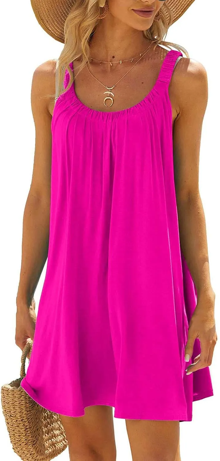 Summer Beach Dress for Women Casual Sleeveless Solid Color Dresses Loose Crew Neck Pleated Vacation Sundress
