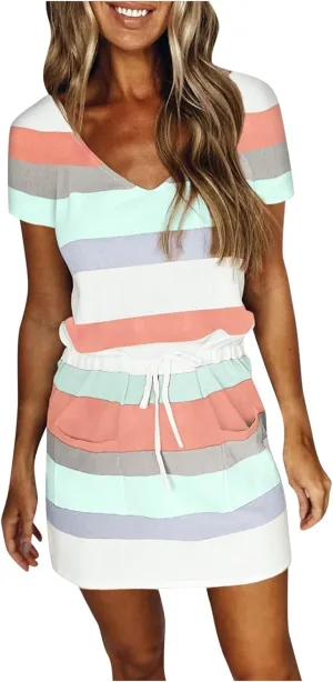 Summer Dresses for Women 2025, Casual Dresses for Women Short Sleeve Tie Waist Striped Mini Tshirt Dress Cute Dress