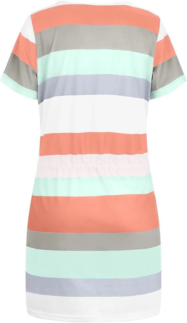 Summer Dresses for Women 2025, Casual Dresses for Women Short Sleeve Tie Waist Striped Mini Tshirt Dress Cute Dress