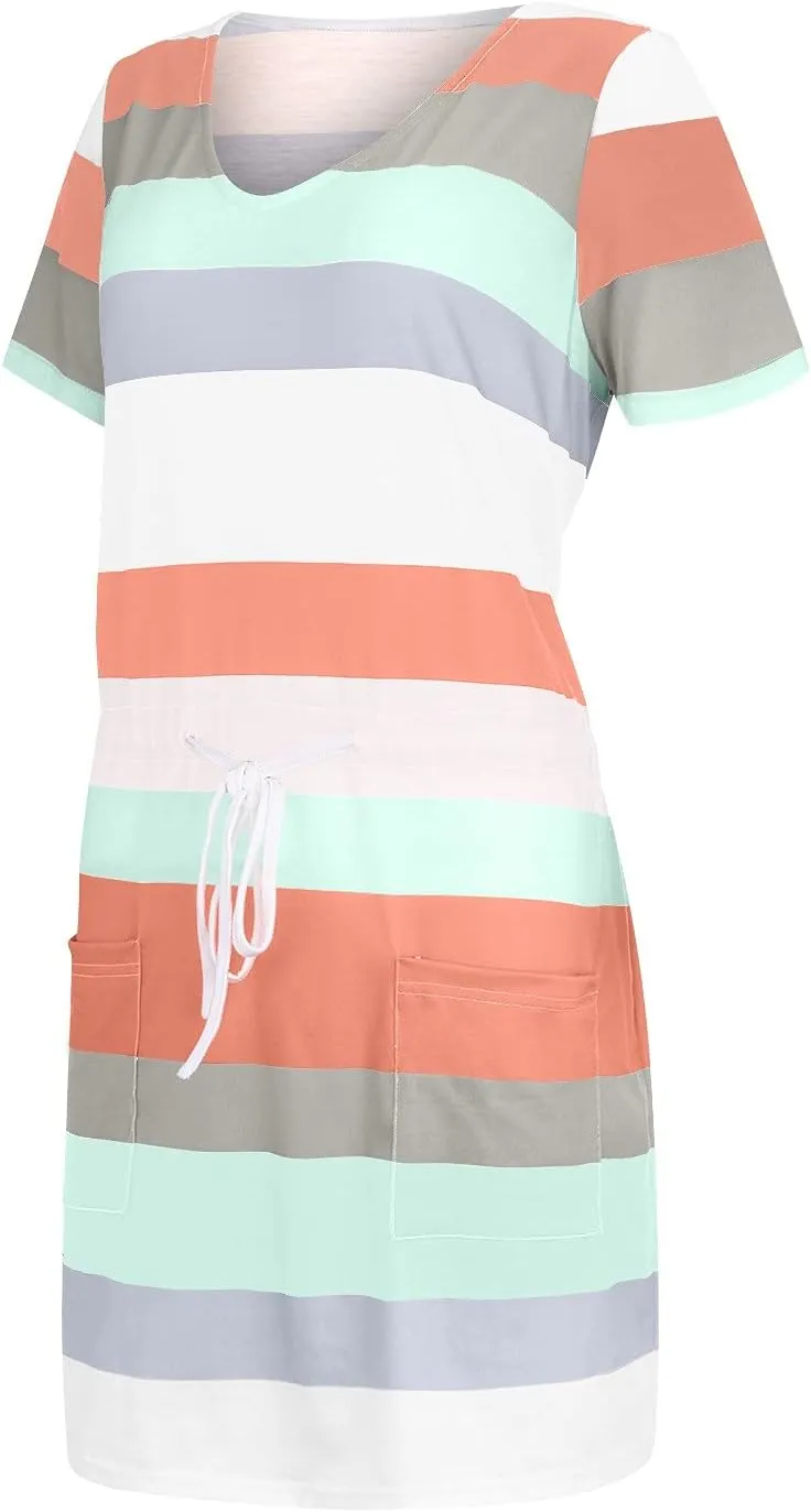 Summer Dresses for Women 2025, Casual Dresses for Women Short Sleeve Tie Waist Striped Mini Tshirt Dress Cute Dress