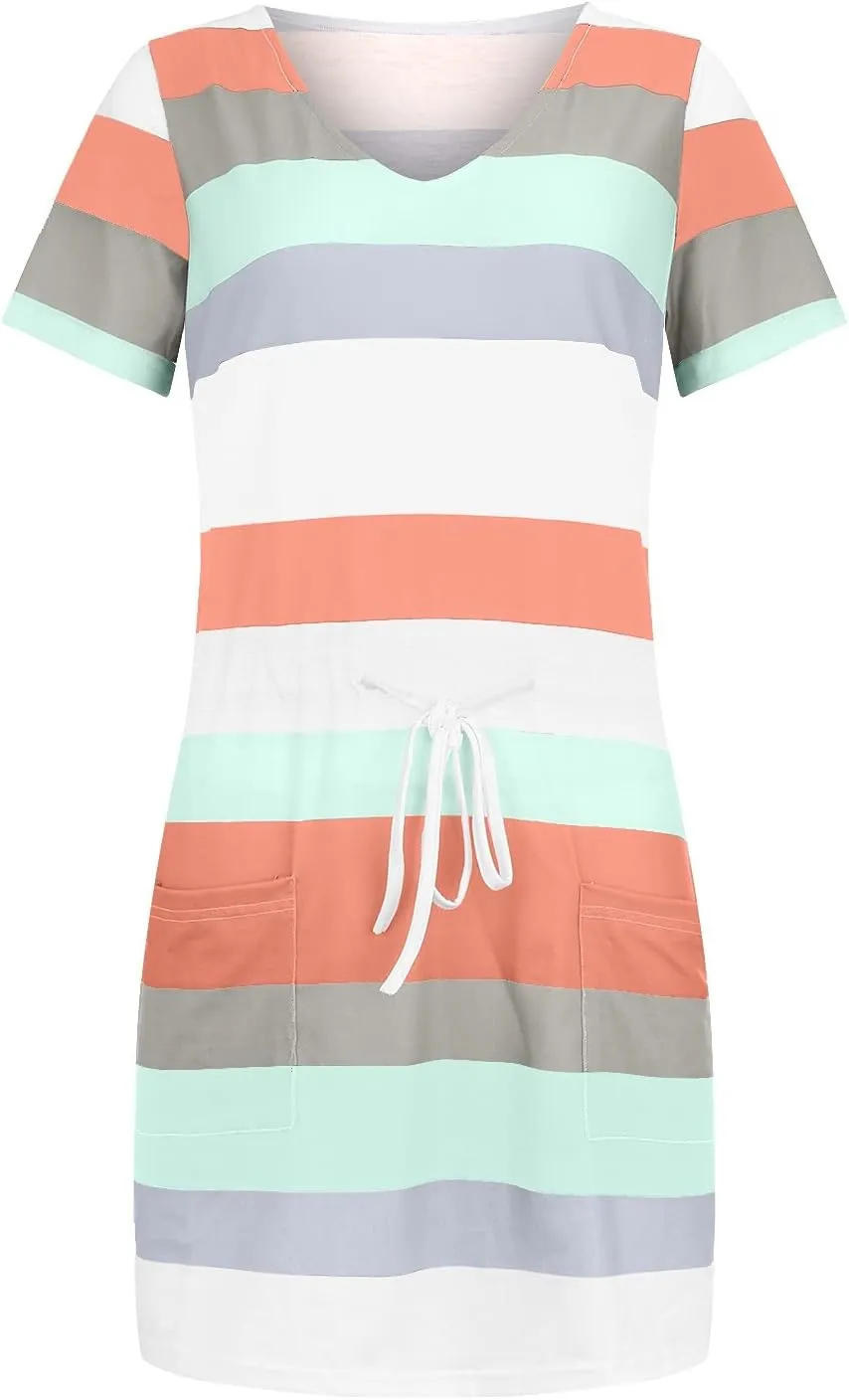 Summer Dresses for Women 2025, Casual Dresses for Women Short Sleeve Tie Waist Striped Mini Tshirt Dress Cute Dress