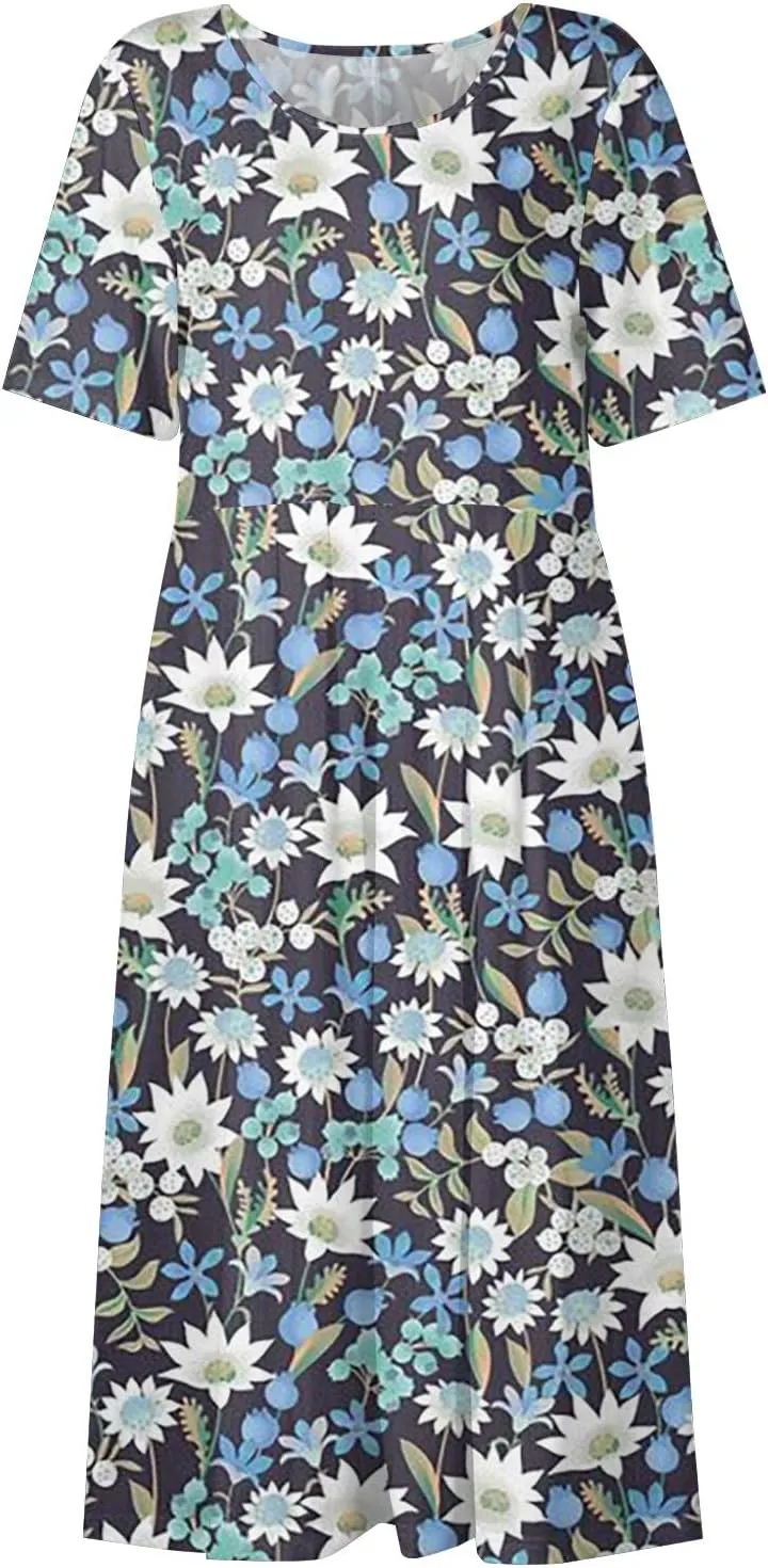Summer Dresses for Women 2025 Casual Short Sleeve Scoop Neck Print Swing Beach Boho Tshirt Dress with Pockets