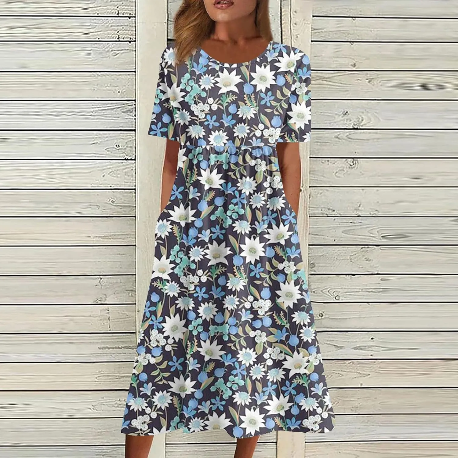 Summer Dresses for Women 2025 Casual Short Sleeve Scoop Neck Print Swing Beach Boho Tshirt Dress with Pockets