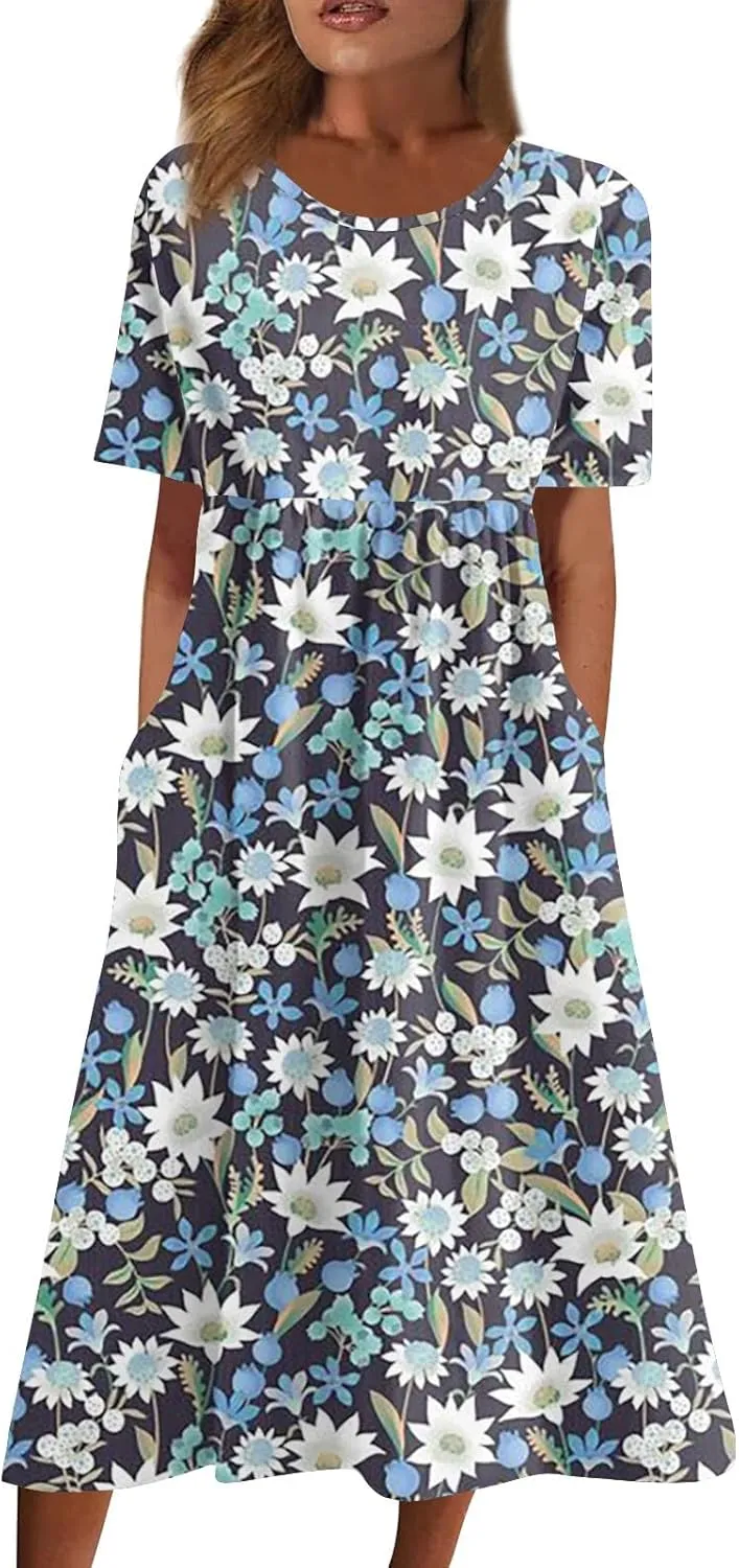Summer Dresses for Women 2025 Casual Short Sleeve Scoop Neck Print Swing Beach Boho Tshirt Dress with Pockets