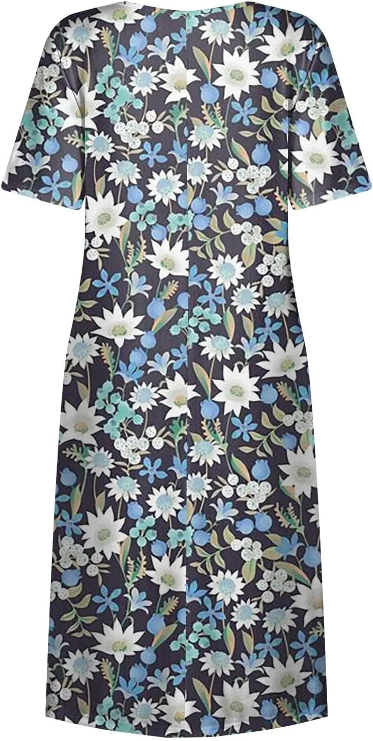 Summer Dresses for Women 2025 Casual Short Sleeve Scoop Neck Print Swing Beach Boho Tshirt Dress with Pockets