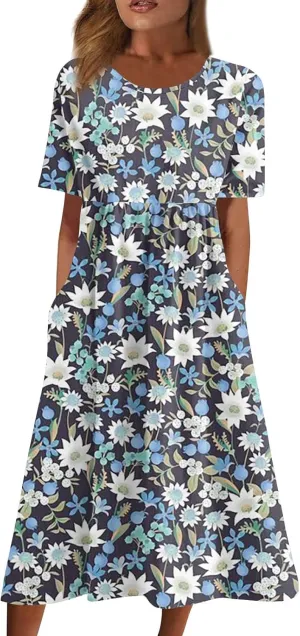 Summer Dresses for Women 2025 Casual Short Sleeve Scoop Neck Print Swing Beach Boho Tshirt Dress with Pockets