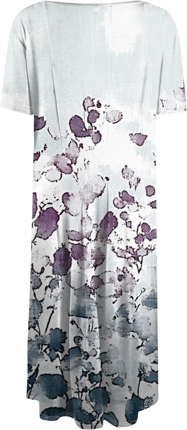 Summer Dresses for Women 2025 Cinch Waist Midi Sun Dress Vacation Crewneck Short Sleeve A Line Dress Side Pockets