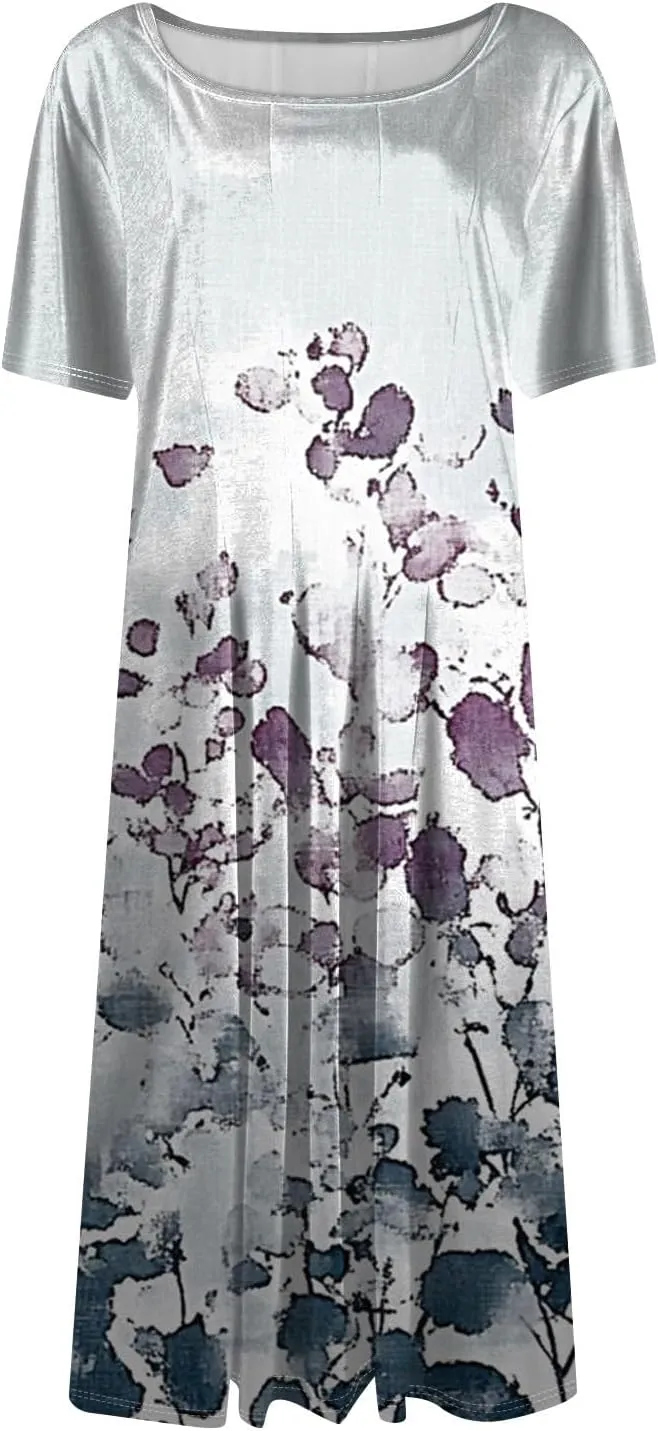 Summer Dresses for Women 2025 Cinch Waist Midi Sun Dress Vacation Crewneck Short Sleeve A Line Dress Side Pockets