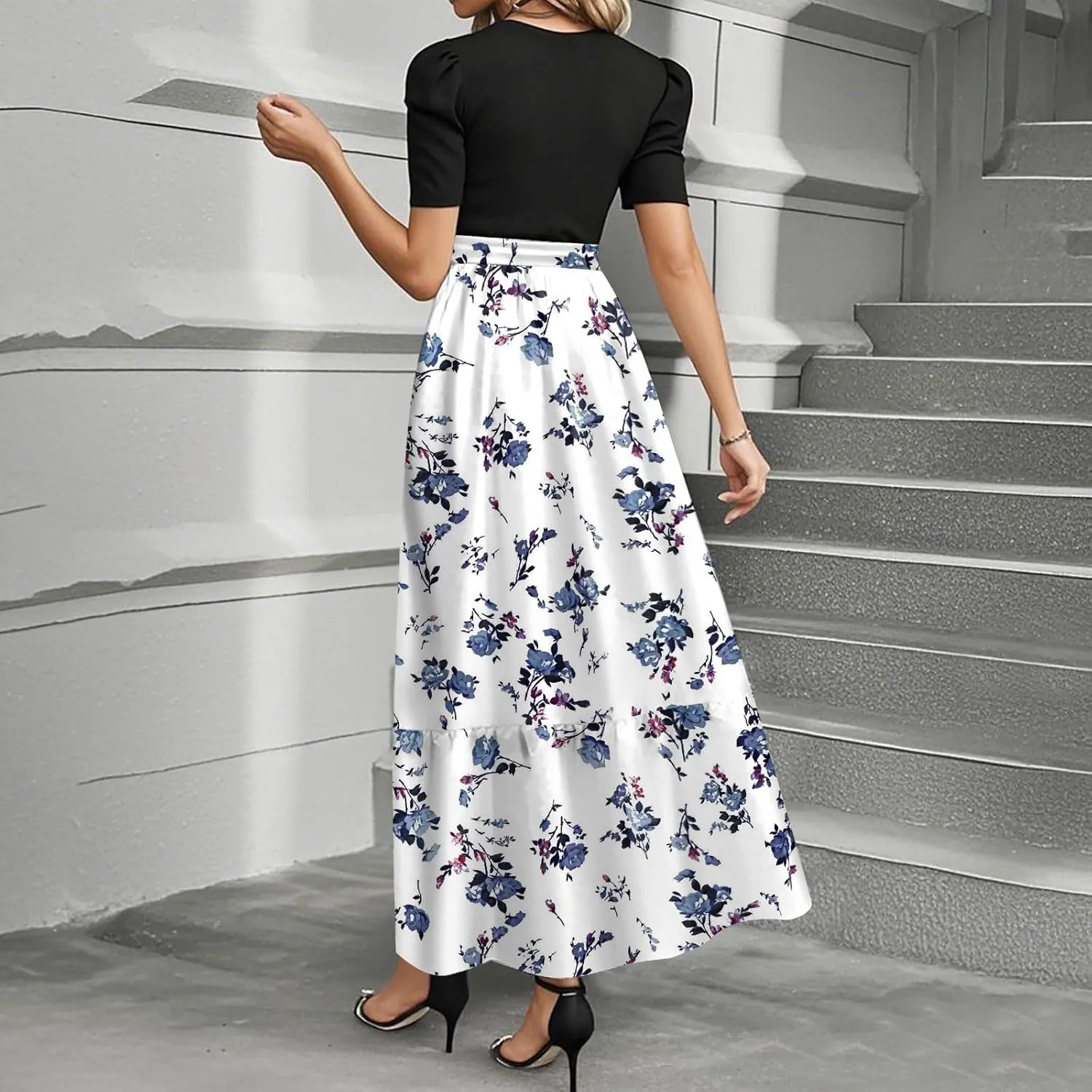 Summer Dresses for Women 2025 Floral Print Wrap Short Sleeve Maxi Dress Patchwork Ruffle Hem A Line Dress Elegant Sundress