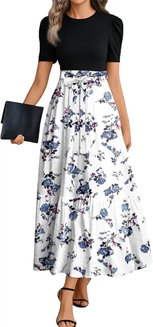 Summer Dresses for Women 2025 Floral Print Wrap Short Sleeve Maxi Dress Patchwork Ruffle Hem A Line Dress Elegant Sundress