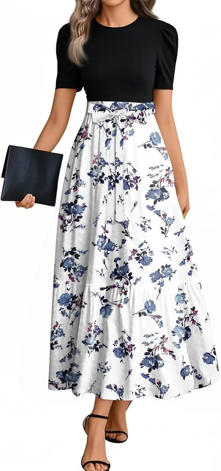 Summer Dresses for Women 2025 Floral Print Wrap Short Sleeve Maxi Dress Patchwork Ruffle Hem A Line Dress Elegant Sundress