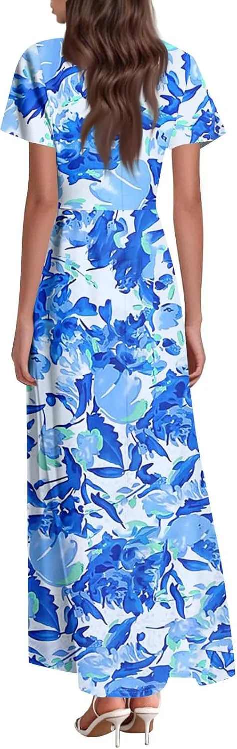 Summer Dresses for Women 2025 Maxi Dress Short Sleeve A-Line Floral Print Long Flowy Dresses with Pockets