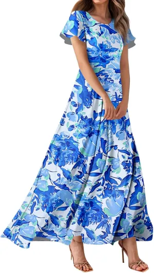 Summer Dresses for Women 2025 Maxi Dress Short Sleeve A-Line Floral Print Long Flowy Dresses with Pockets