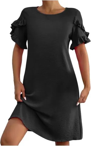 Summer Dresses for Women 2025 Ruffle Sleeve A Line Mini Dress Casual Crew Neck Shift Dress Loose Flowy Beach Sundress