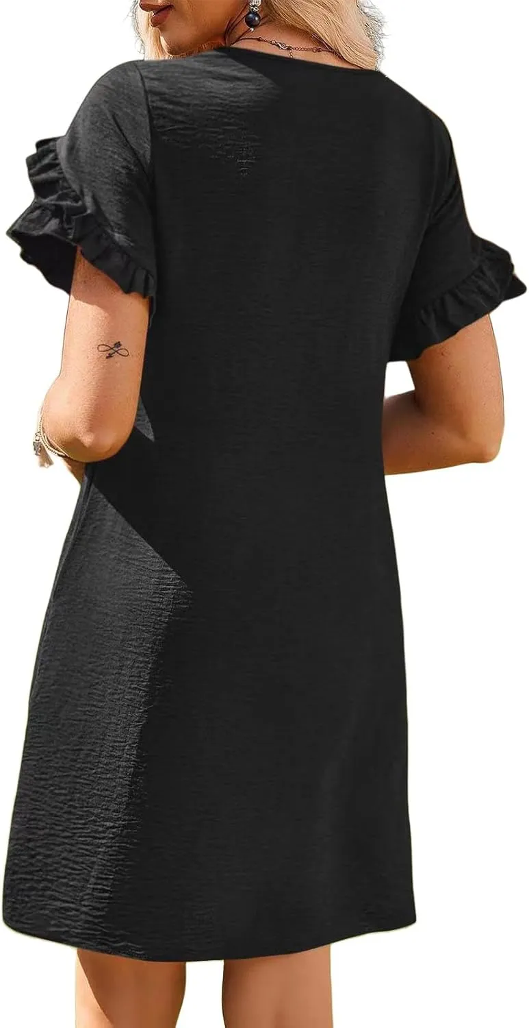Summer Dresses for Women 2025 Ruffle Sleeve A Line Mini Dress Casual Crew Neck Shift Dress Loose Flowy Beach Sundress