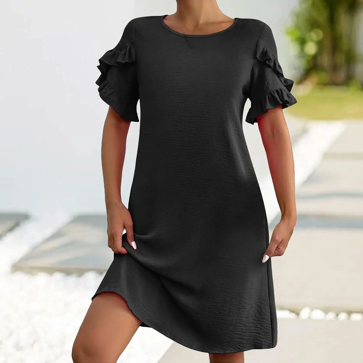 Summer Dresses for Women 2025 Ruffle Sleeve A Line Mini Dress Casual Crew Neck Shift Dress Loose Flowy Beach Sundress