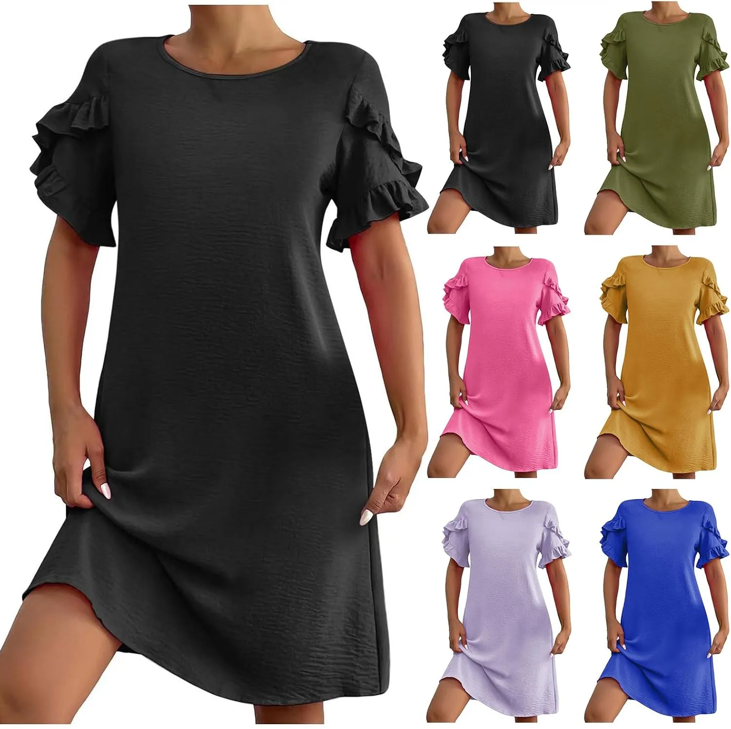 Summer Dresses for Women 2025 Ruffle Sleeve A Line Mini Dress Casual Crew Neck Shift Dress Loose Flowy Beach Sundress