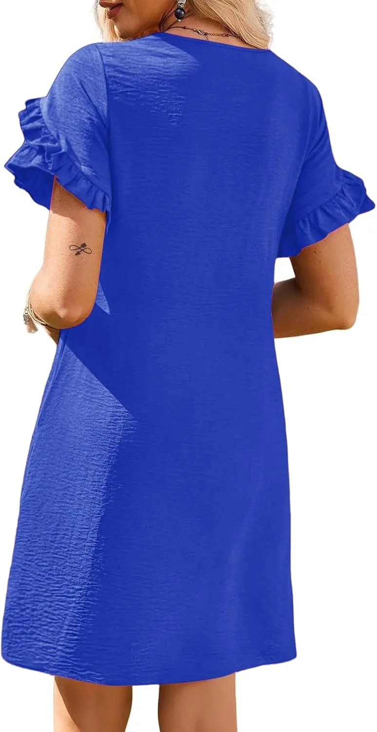 Summer Dresses for Women 2025 Ruffle Sleeve A Line Mini Dress Casual Crew Neck Shift Dress Loose Flowy Beach Sundress