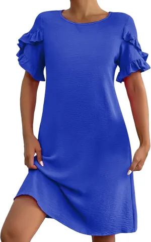 Summer Dresses for Women 2025 Ruffle Sleeve A Line Mini Dress Casual Crew Neck Shift Dress Loose Flowy Beach Sundress