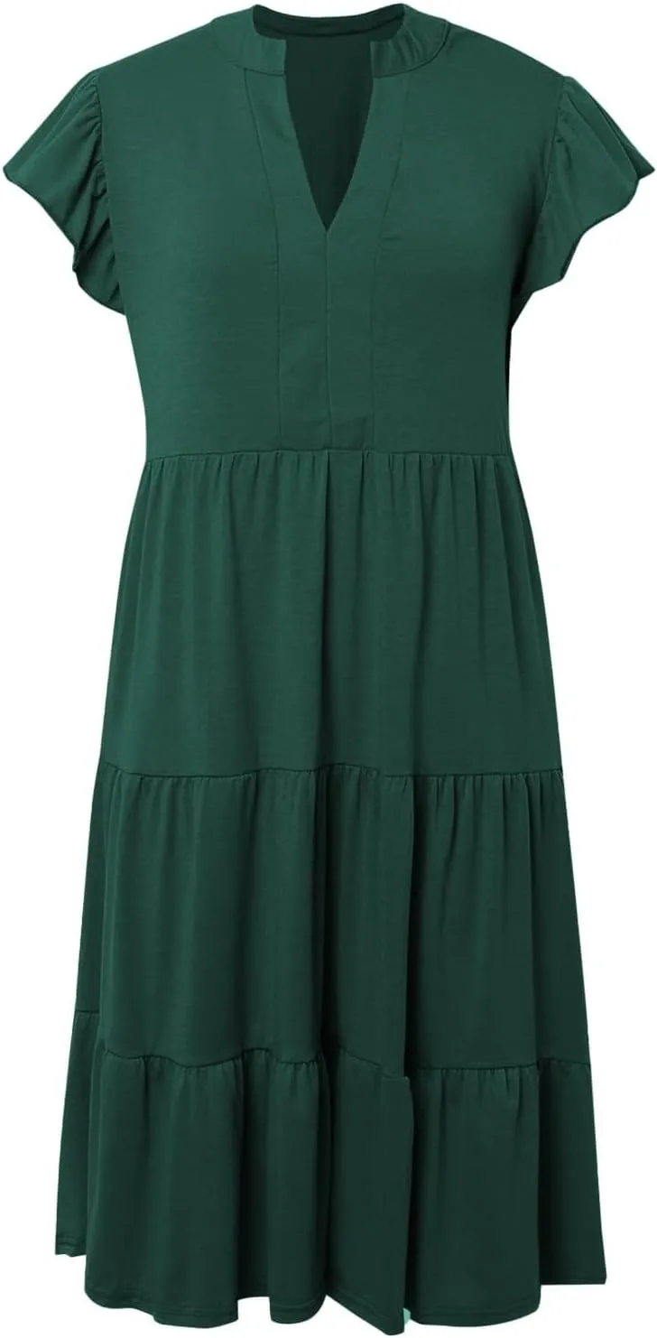 Summer Dresses for Women 2025 Ruffle Sleeve V Neck Midi Dresses Tiered Flowy Casual Fit Boho Beach Vacation Sundress