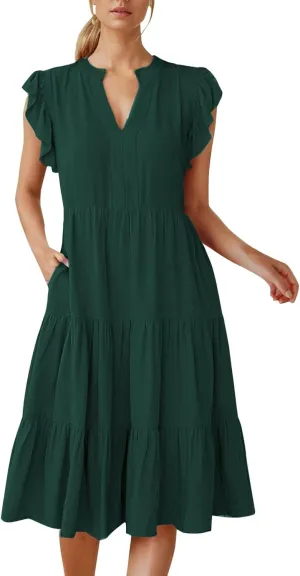 Summer Dresses for Women 2025 Ruffle Sleeve V Neck Midi Dresses Tiered Flowy Casual Fit Boho Beach Vacation Sundress