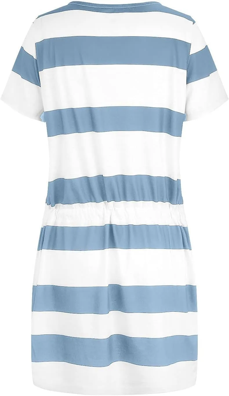 Summer Dresses for Women 2025 Striped A-Line Boho Sundress Short Sleeve V-Neck Beach Vacation Mini Dress with Pocket