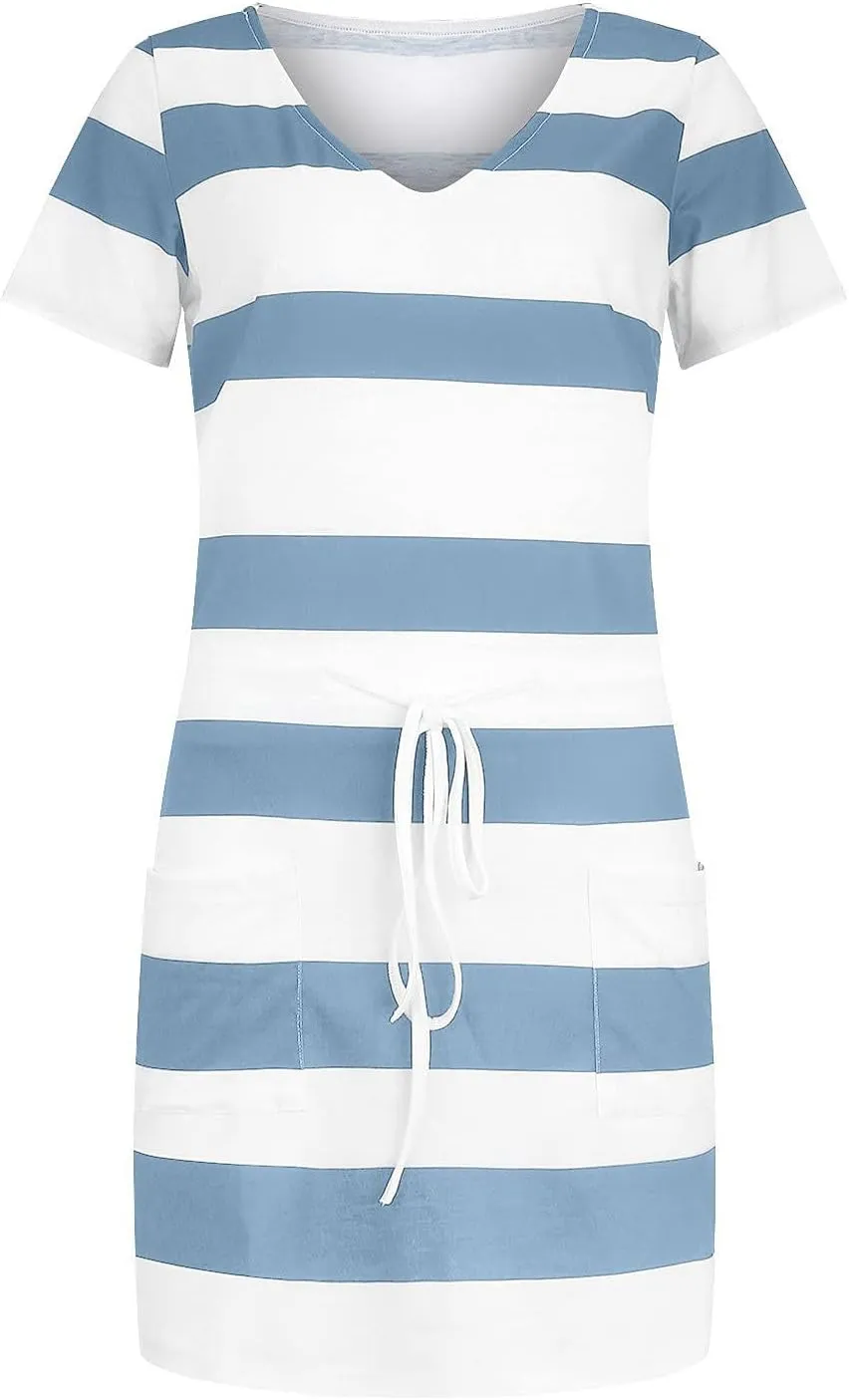 Summer Dresses for Women 2025 Striped A-Line Boho Sundress Short Sleeve V-Neck Beach Vacation Mini Dress with Pocket