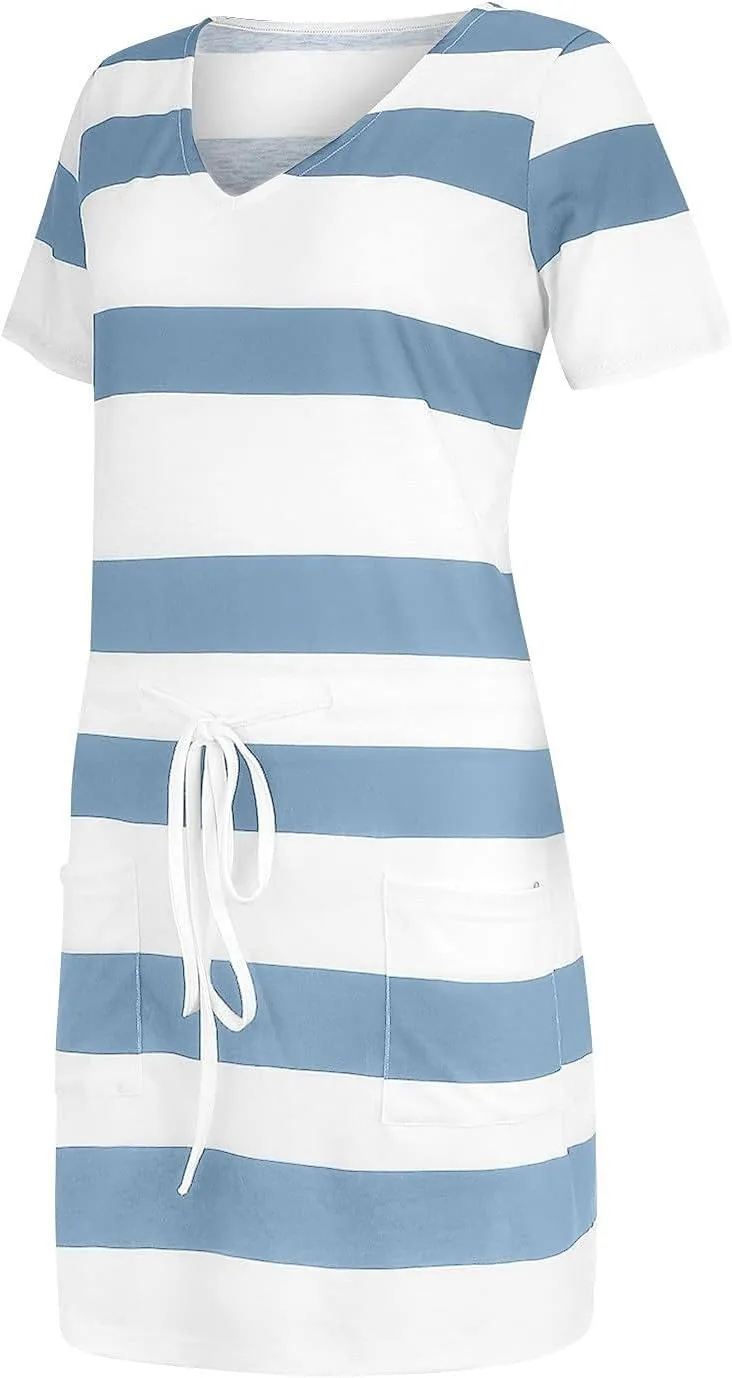 Summer Dresses for Women 2025 Striped A-Line Boho Sundress Short Sleeve V-Neck Beach Vacation Mini Dress with Pocket