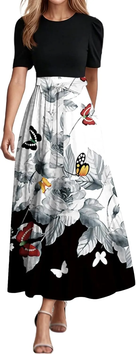Summer Dresses for Women 2025 Tie Belted Patchwork Ruffle Hem a Line Boho Maxi Dress Crewneck Short Sleeve Long Dress