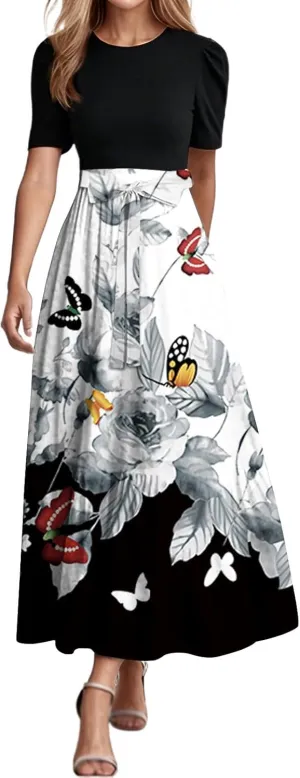Summer Dresses for Women 2025 Tie Belted Patchwork Ruffle Hem a Line Boho Maxi Dress Crewneck Short Sleeve Long Dress