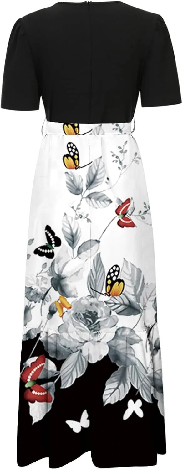 Summer Dresses for Women 2025 Tie Belted Patchwork Ruffle Hem a Line Boho Maxi Dress Crewneck Short Sleeve Long Dress