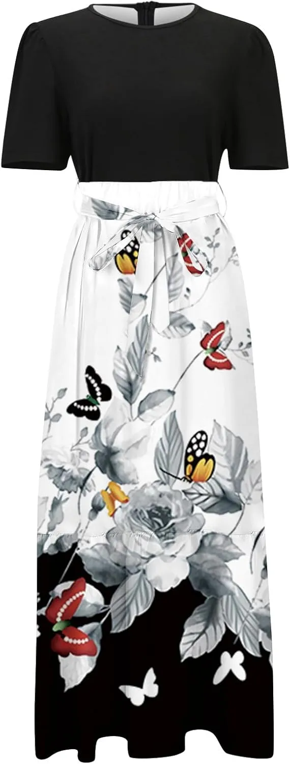 Summer Dresses for Women 2025 Tie Belted Patchwork Ruffle Hem a Line Boho Maxi Dress Crewneck Short Sleeve Long Dress
