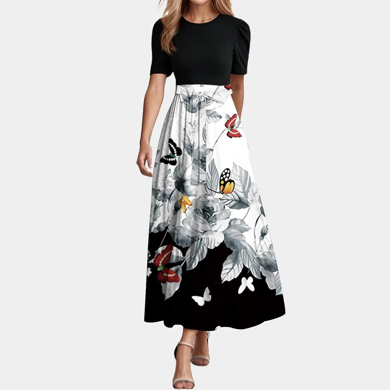 Summer Dresses for Women 2025 Tie Belted Patchwork Ruffle Hem a Line Boho Maxi Dress Crewneck Short Sleeve Long Dress
