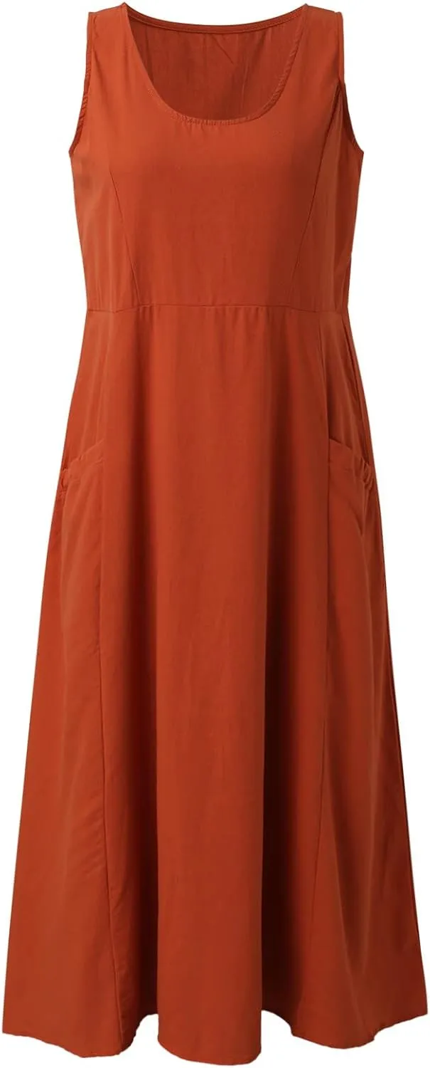 Summer Dresses for Women 2025 Women's Cotton Linen Crew Neck Sleeveless Dresses Solid Color Baggy Beach Dress