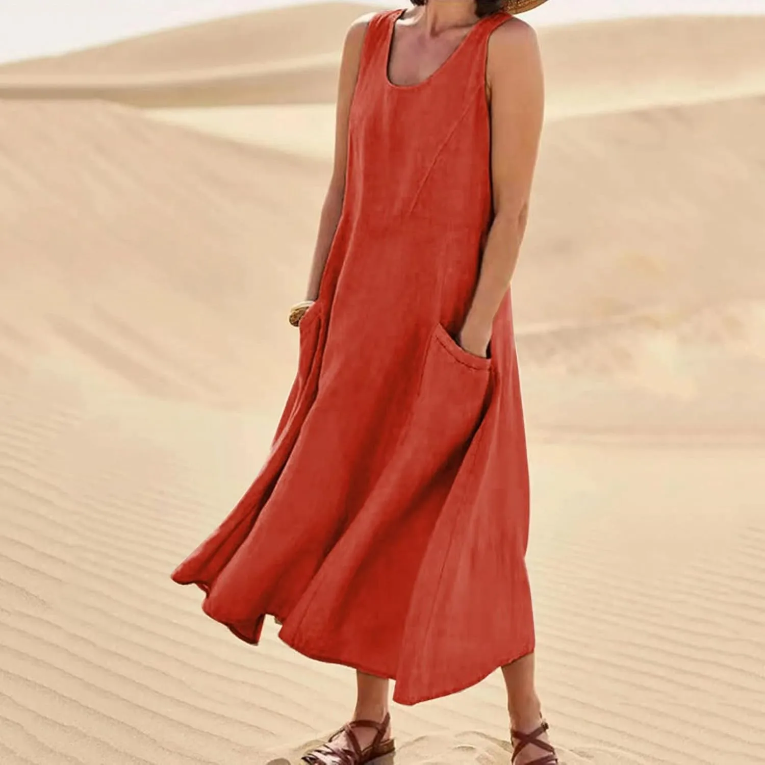 Summer Dresses for Women 2025 Women's Cotton Linen Crew Neck Sleeveless Dresses Solid Color Baggy Beach Dress