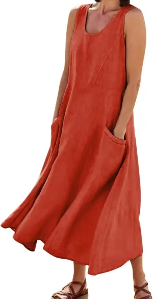 Summer Dresses for Women 2025 Women's Cotton Linen Crew Neck Sleeveless Dresses Solid Color Baggy Beach Dress