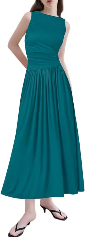 Summer Dresses for Women 2025 Womens Sleeveless Solid Color Casual Dress Trendy Fitted Waist Summer Midi Dress