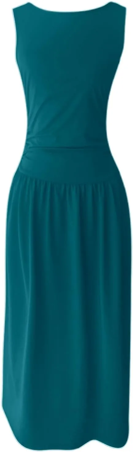 Summer Dresses for Women 2025 Womens Sleeveless Solid Color Casual Dress Trendy Fitted Waist Summer Midi Dress