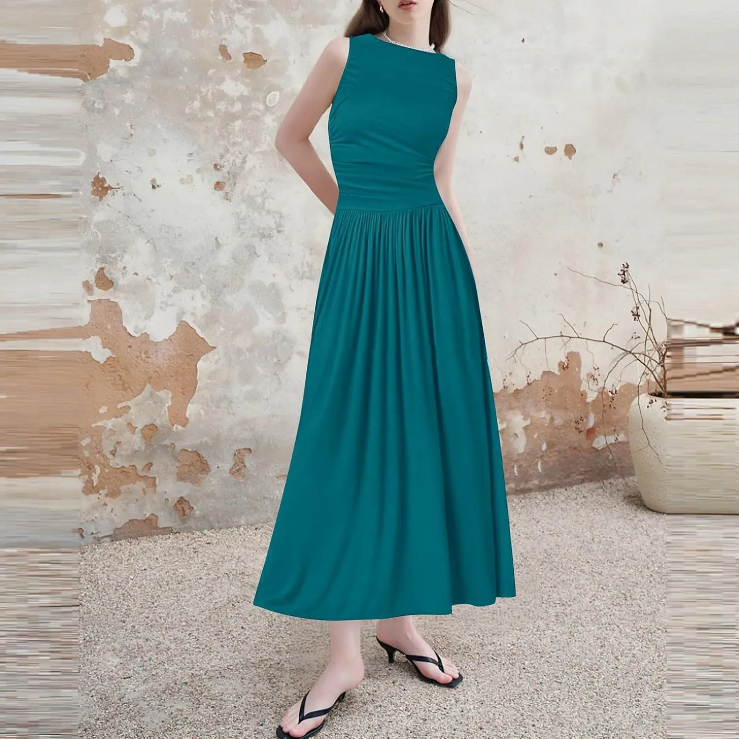 Summer Dresses for Women 2025 Womens Sleeveless Solid Color Casual Dress Trendy Fitted Waist Summer Midi Dress