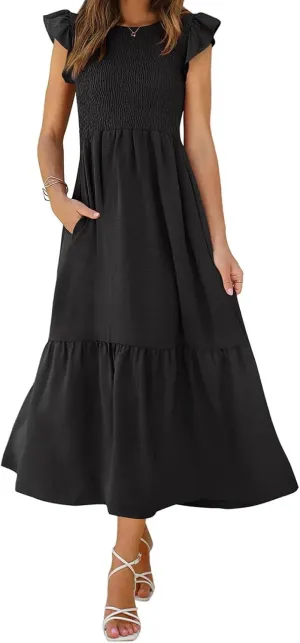 Summer Dresses for Women Ruffle Cap Sleeve Midi Sundress Casual Tiered A-Line Dress Sexy Beach Halter Flowy Dresses