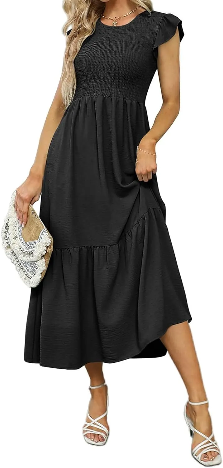 Summer Dresses for Women Ruffle Cap Sleeve Midi Sundress Casual Tiered A-Line Dress Sexy Beach Halter Flowy Dresses
