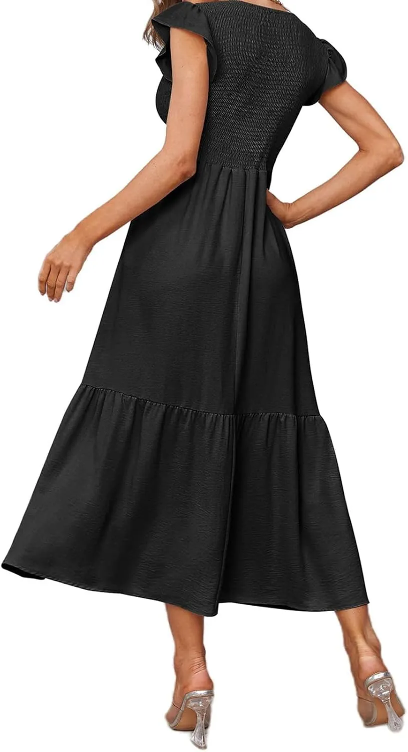 Summer Dresses for Women Ruffle Cap Sleeve Midi Sundress Casual Tiered A-Line Dress Sexy Beach Halter Flowy Dresses